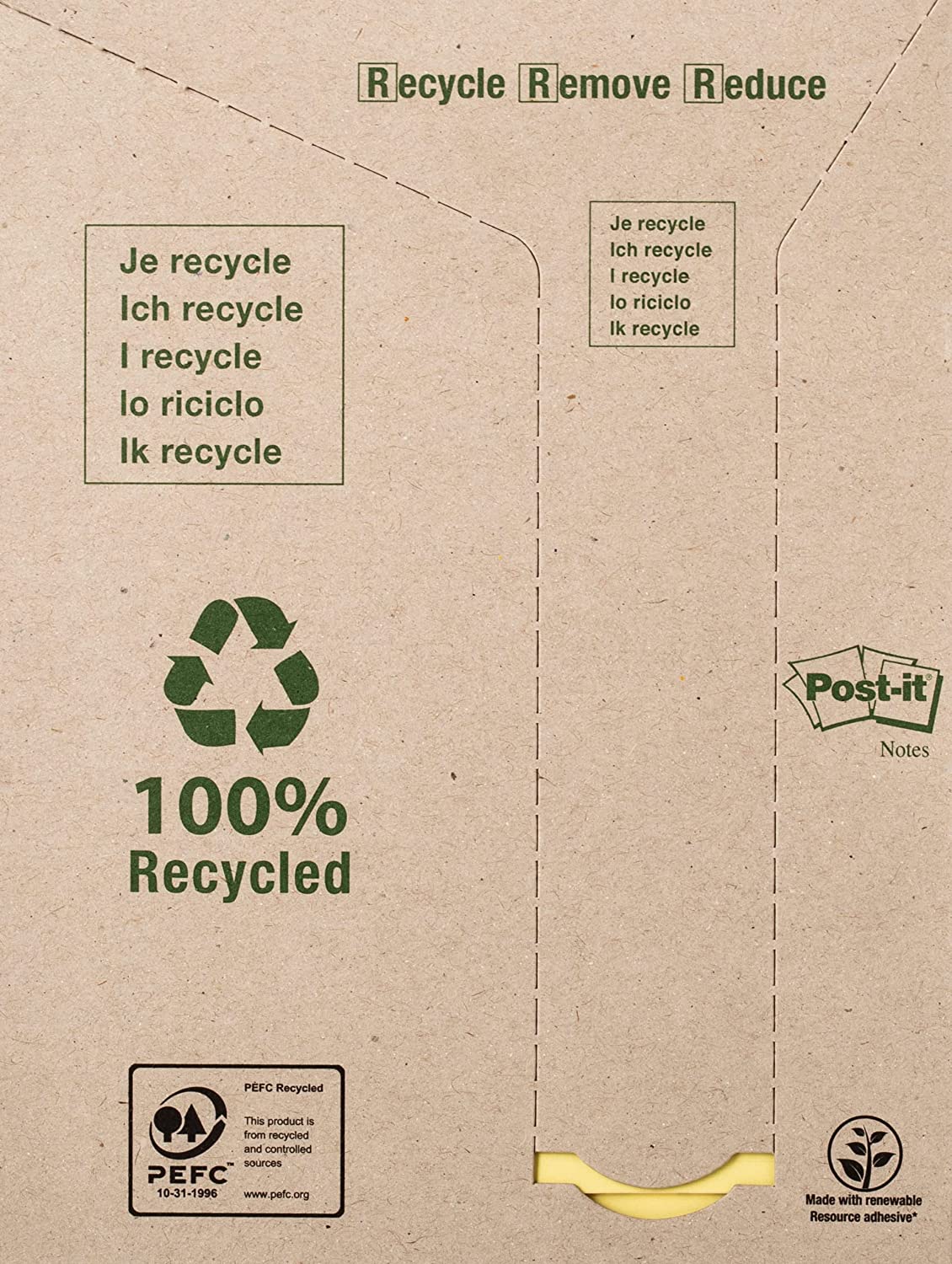 Post-it 655-1T Haftnotiz Recycling Notes Tower, 76 x 127 mm, 80 g, 100 Blatt, 16 Block, gelb 127 x 76 mm Single