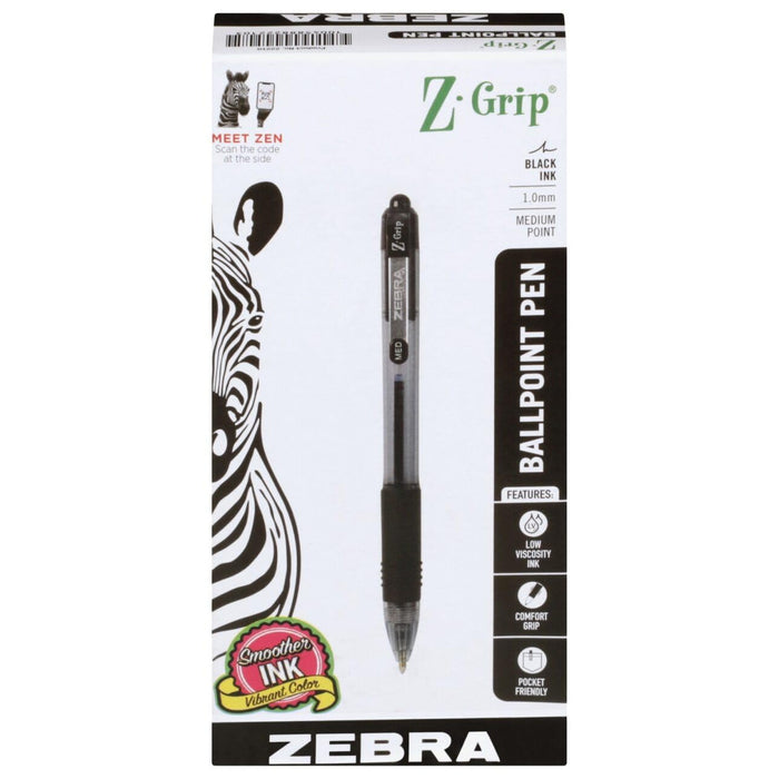 ZEBRA Pen Z Grip Black Pens Ballpoint, Smooth Writing Ballpoints With Pocket Clip, Retractable Black Ink Ballpoint Pens, Reliable Black Biro Multipack For Everyday Use - Medium Point, 12pk