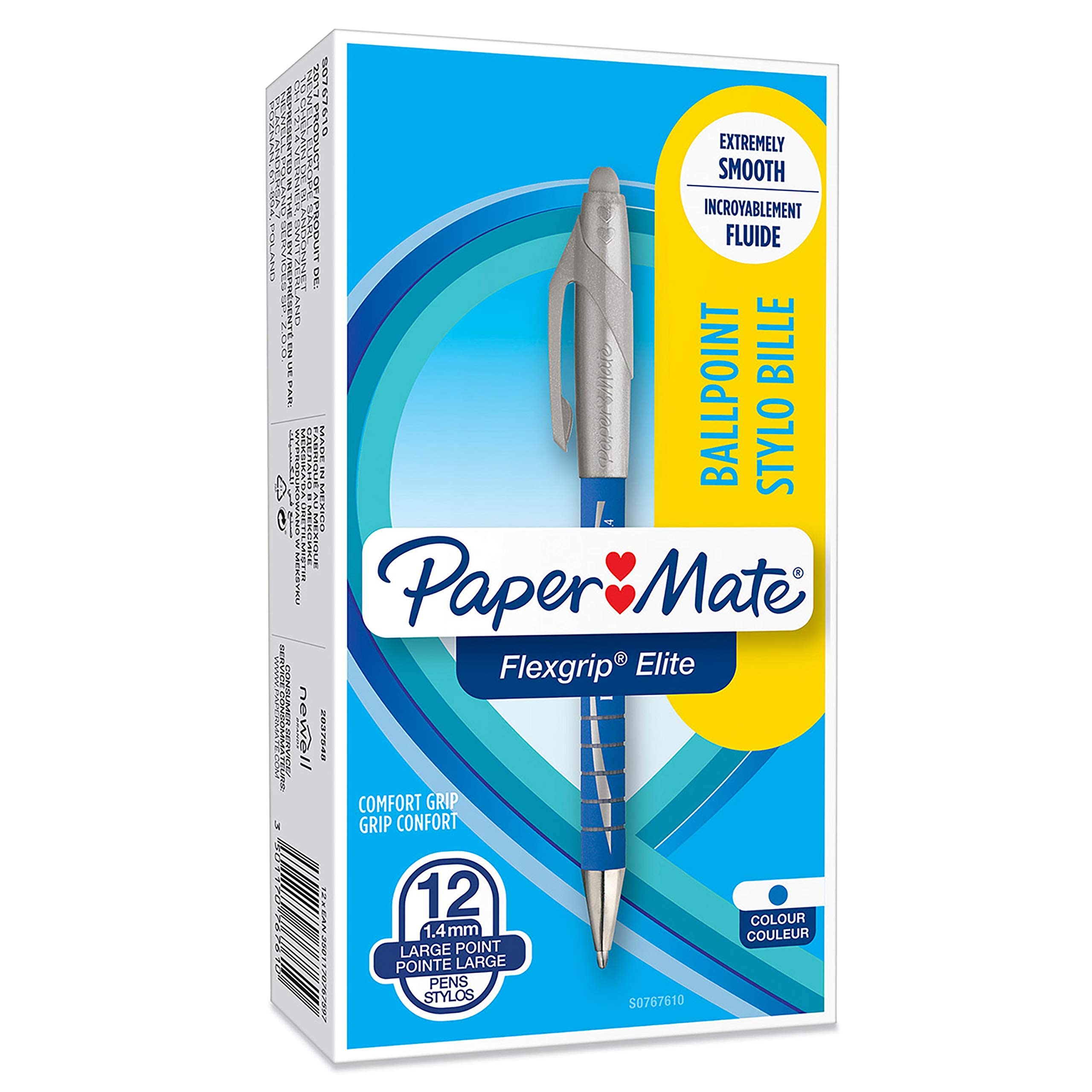 Paper Mate Flexgrip Elite Ballpoint Pens | Large Point (1.4mm) | Blue | Retractable | 12 Count
