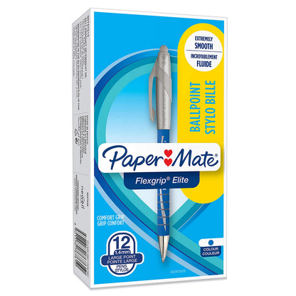 Paper Mate Flexgrip Elite Ballpoint Pens | Large Point (1.4mm) | Blue | Retractable | 12 Count