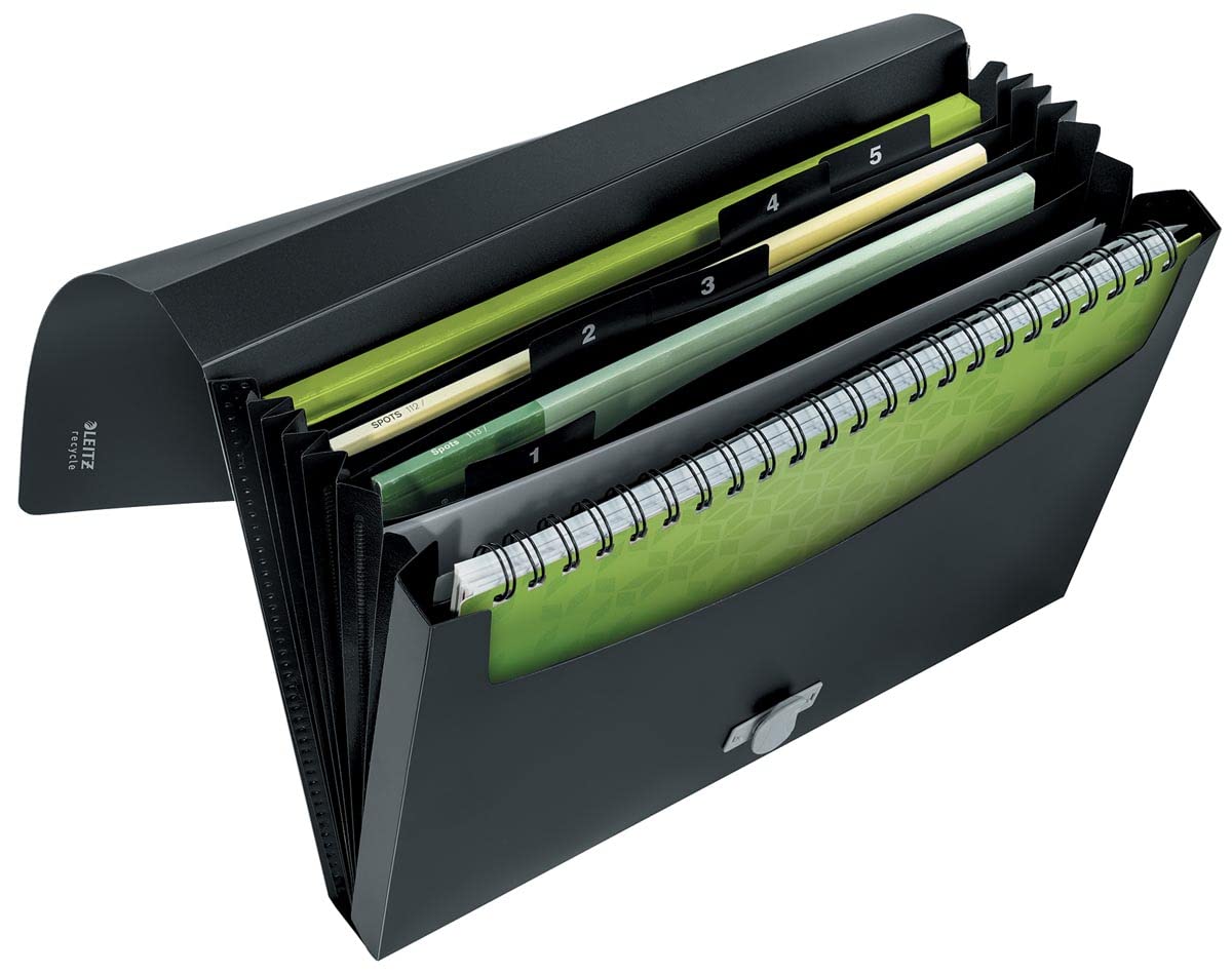 Leitz Recycled Expanding File, A4, 5 Compartments, Black, Pack of 5