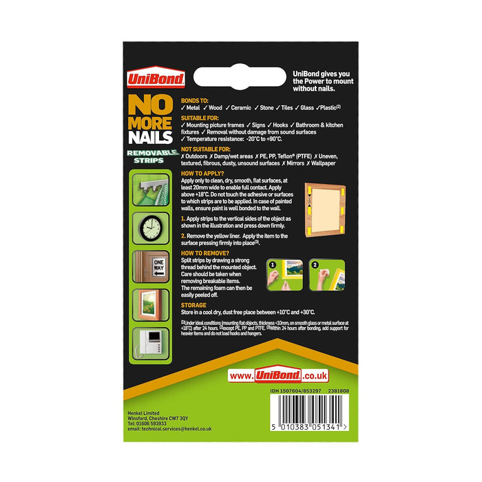 Unibond No More Nails Removable Picture Hanging Strips, Adhesive Strips for Fast, Easy Mounting, Double Sided Sticky Tape for Interior Use, Translucent Tape, Pack of 10 , Yellow