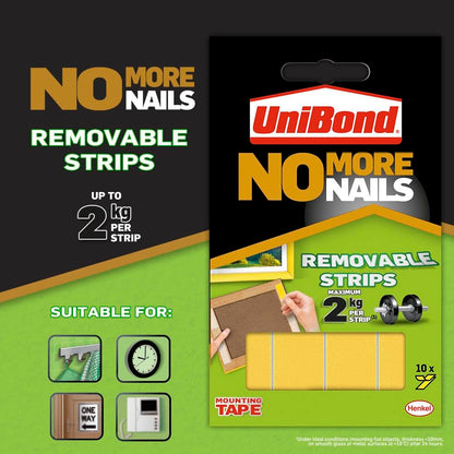 Unibond No More Nails Removable Picture Hanging Strips, Adhesive Strips for Fast, Easy Mounting, Double Sided Sticky Tape for Interior Use, Translucent Tape, Pack of 10 , Yellow