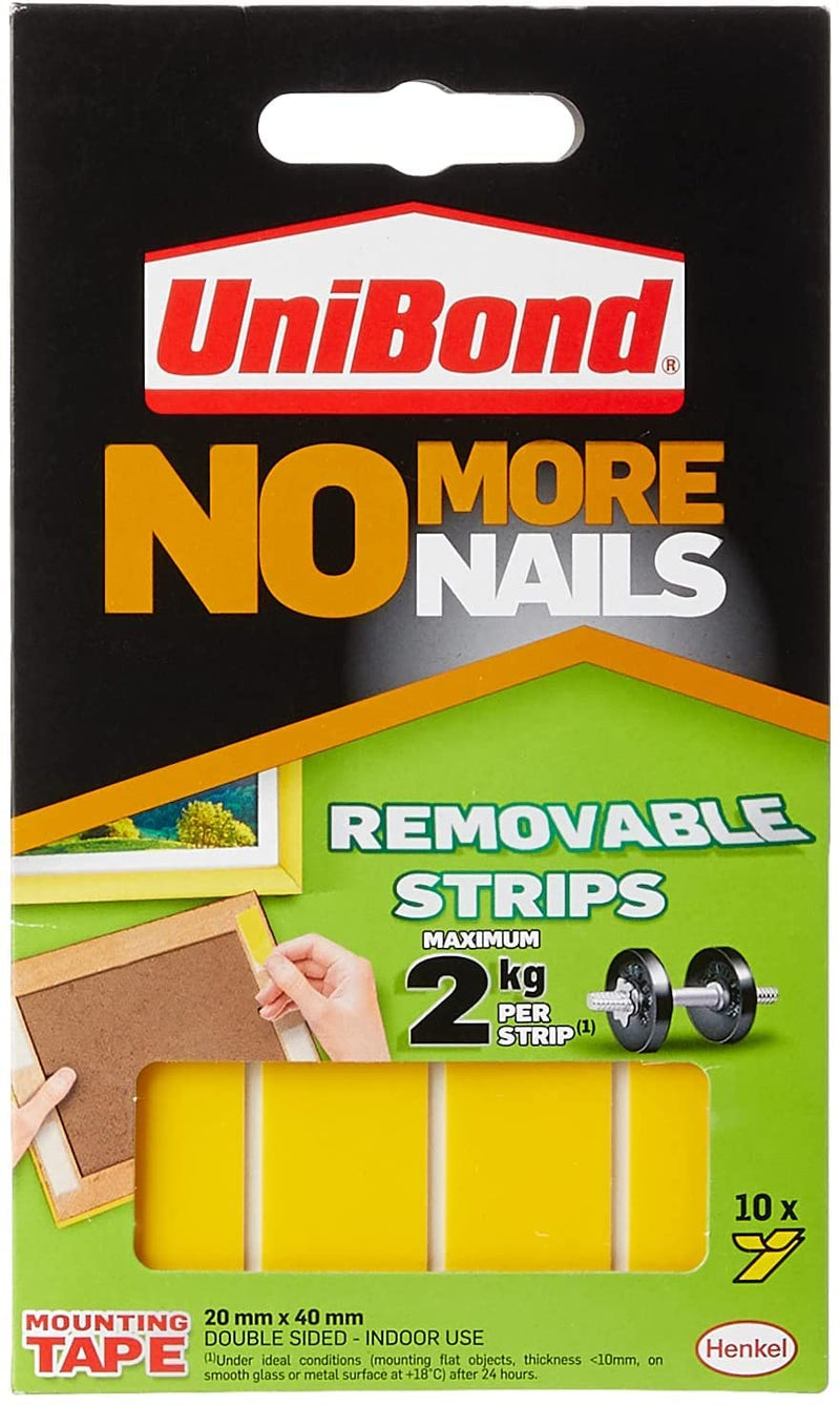 Unibond No More Nails Removable Picture Hanging Strips, Adhesive Strips for Fast, Easy Mounting, Double Sided Sticky Tape for Interior Use, Translucent Tape, Pack of 10 , Yellow