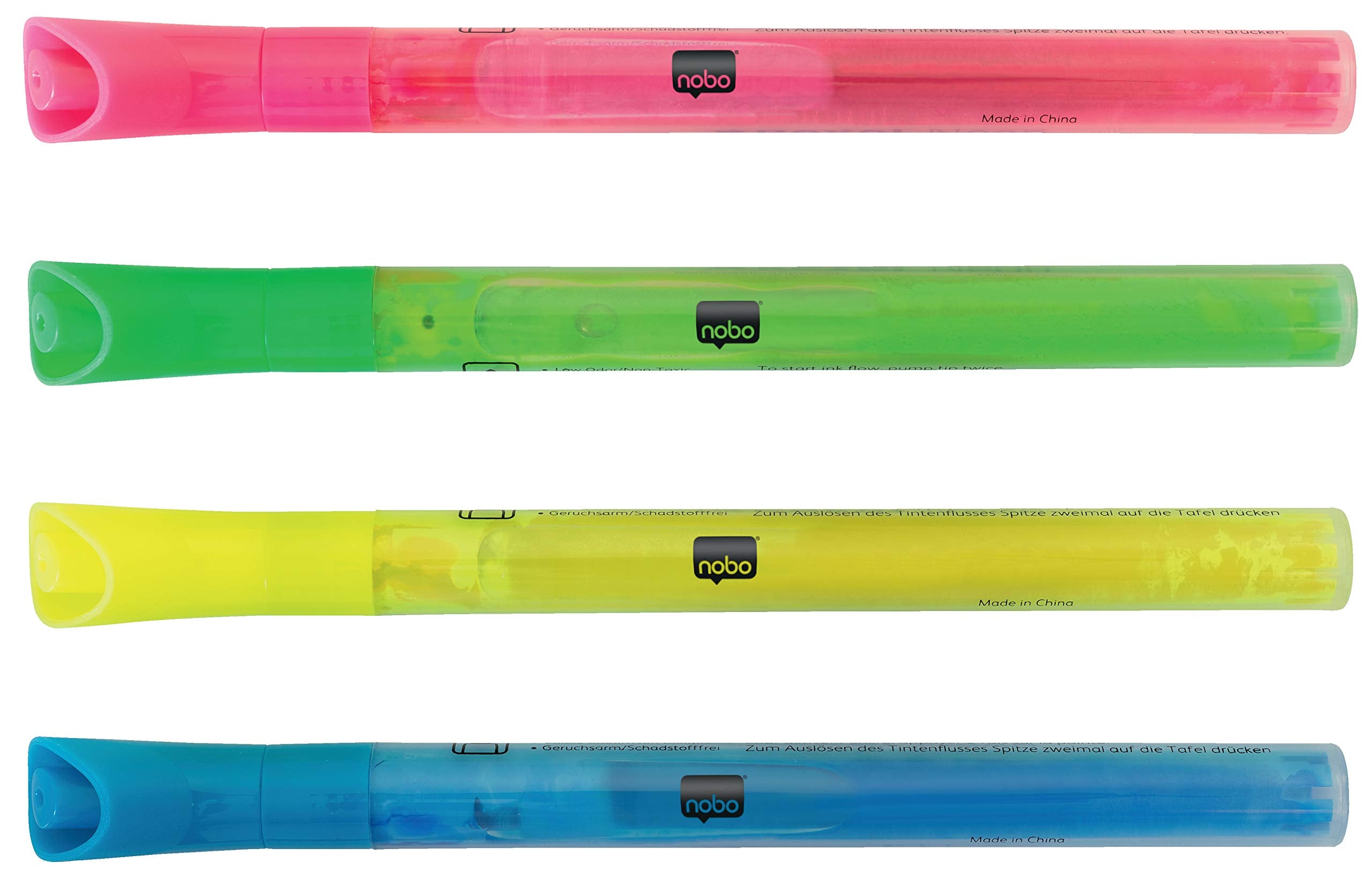 Nobo Set di 4 Pennarelli per Lavagna con Punta da 2 mm, Cancellabili a Secco, a Basso Odore, Colori Assortiti