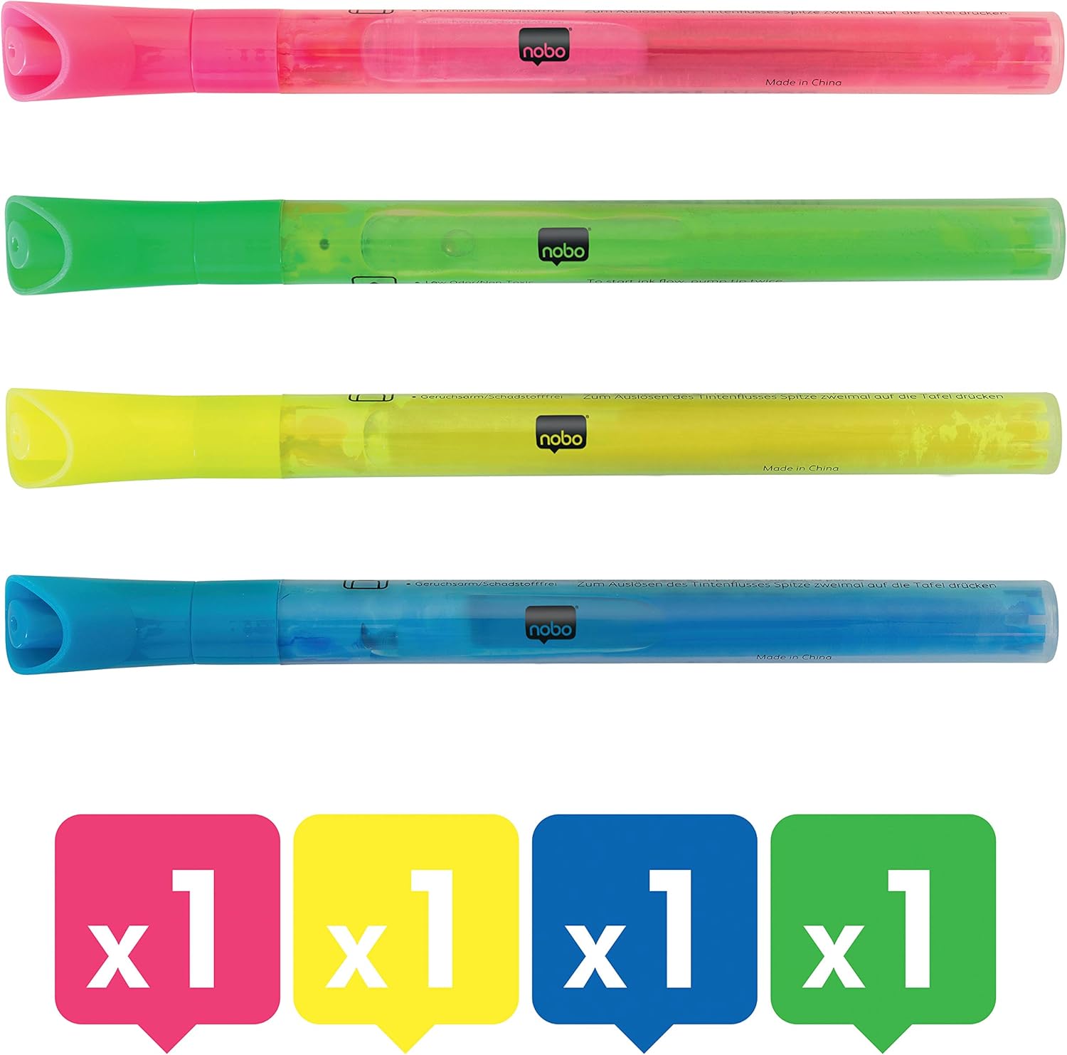Nobo Set di 4 Pennarelli per Lavagna con Punta da 2 mm, Cancellabili a Secco, a Basso Odore, Colori Assortiti
