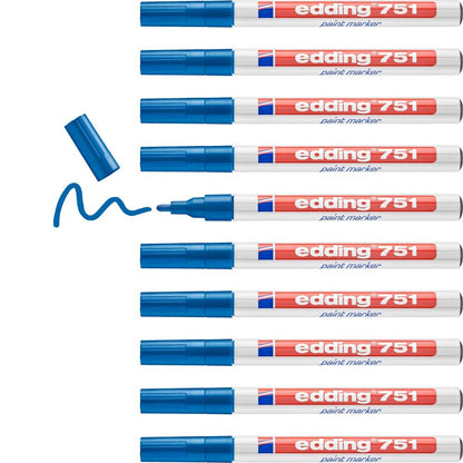 edding 751 paint marker - blue - 10 pens - round tip 1-2 mm - paint marker for marking and labelling metal, glass, rocks or plastic - heat-resistant, permanent, smudge-proof and waterproof