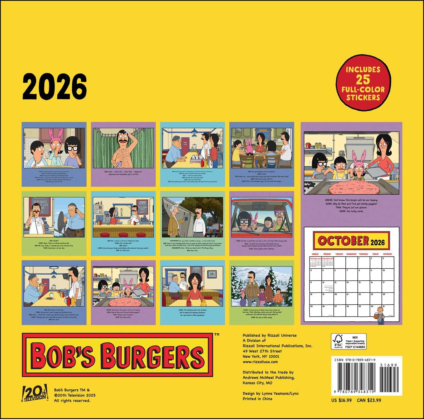 Bob's Burgers 2026 Wall Calendar (Includes Stickers