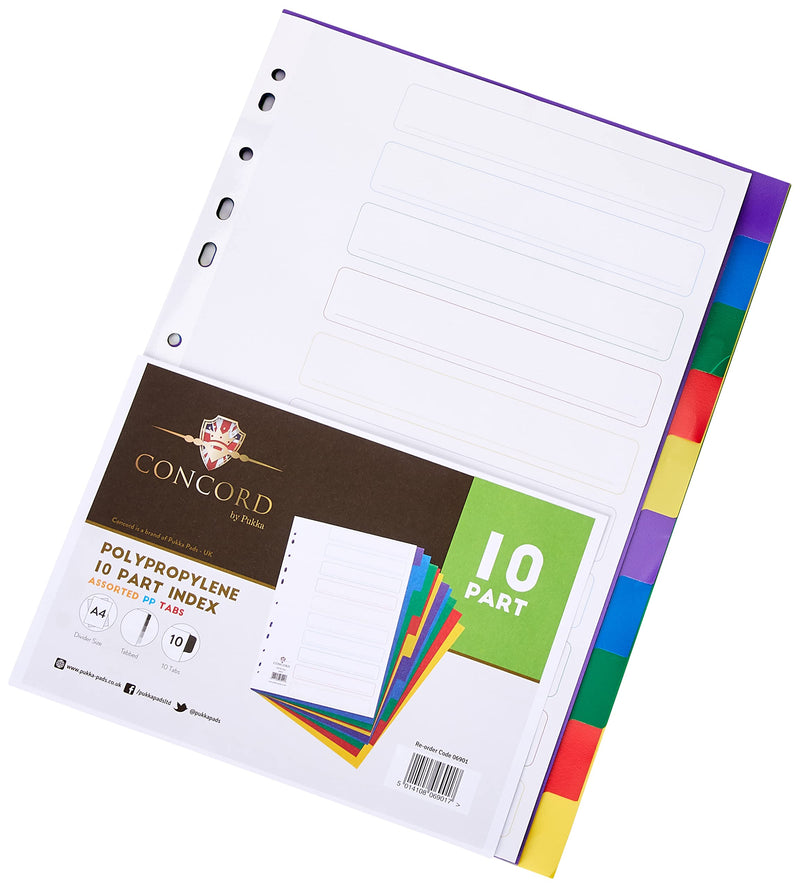 Concord Plastic Subject Dividers Polypropylene 120 Micron Europunched 10-Part A4 Assorted Ref 0690