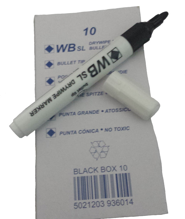 Whiteboard Drywipe Bullet Tip Black Markers x 10 (PC