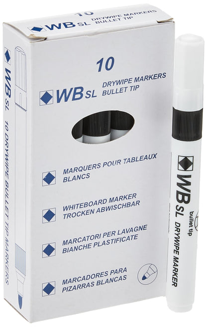 Whiteboard Drywipe Bullet Tip Black Markers x 10 (PC