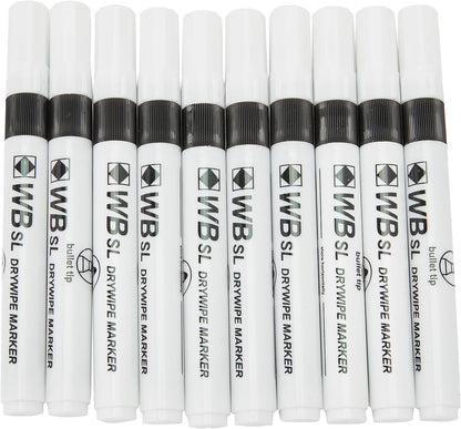 Whiteboard Drywipe Bullet Tip Black Markers x 10 (PC