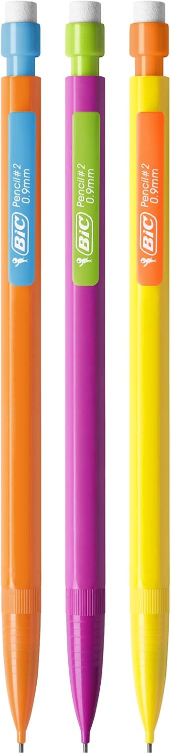 BIC Matic HB Mechanical Pencils and Eraser, Assorted Barrel Colours with Fine Point (0.9 mm), Pack of 12
