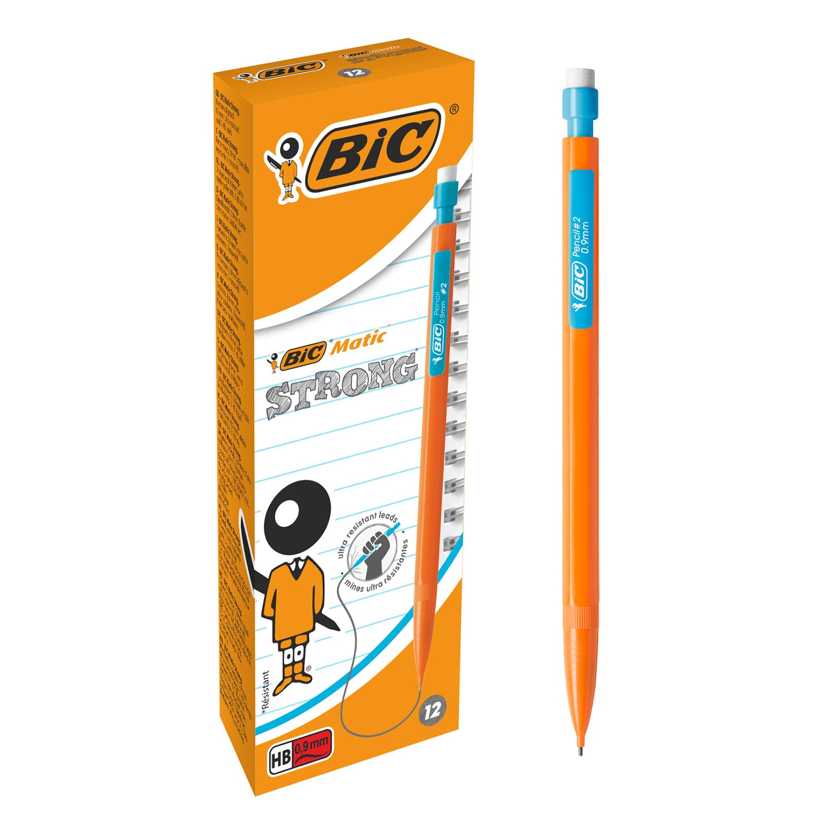 BIC Matic HB Mechanical Pencils and Eraser, Assorted Barrel Colours with Fine Point (0.9 mm), Pack of 12