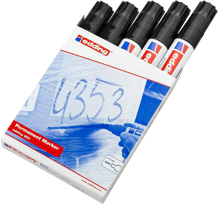 edding 800 permanent marker - black - 5 pens - chisel tip 4-12 mm - for bold markings - waterproof, quick-drying, smear-proof pens - for cardboard, plastic, wood, metal, glass and fabric