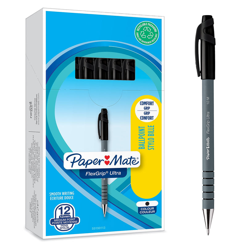 Paper Mate Flexgrip Ultra Ballpoint Pens | Medium Point (1.0mm) | Black | 12 Count