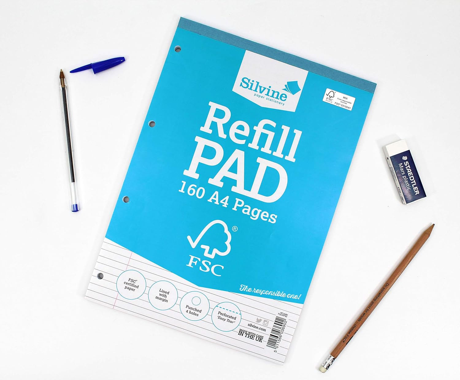 Silvine A4 Everyday FSC Refill Pad. Lined with Margin, 160 Pages of FSC Certified Paper. Ref FSCRP80