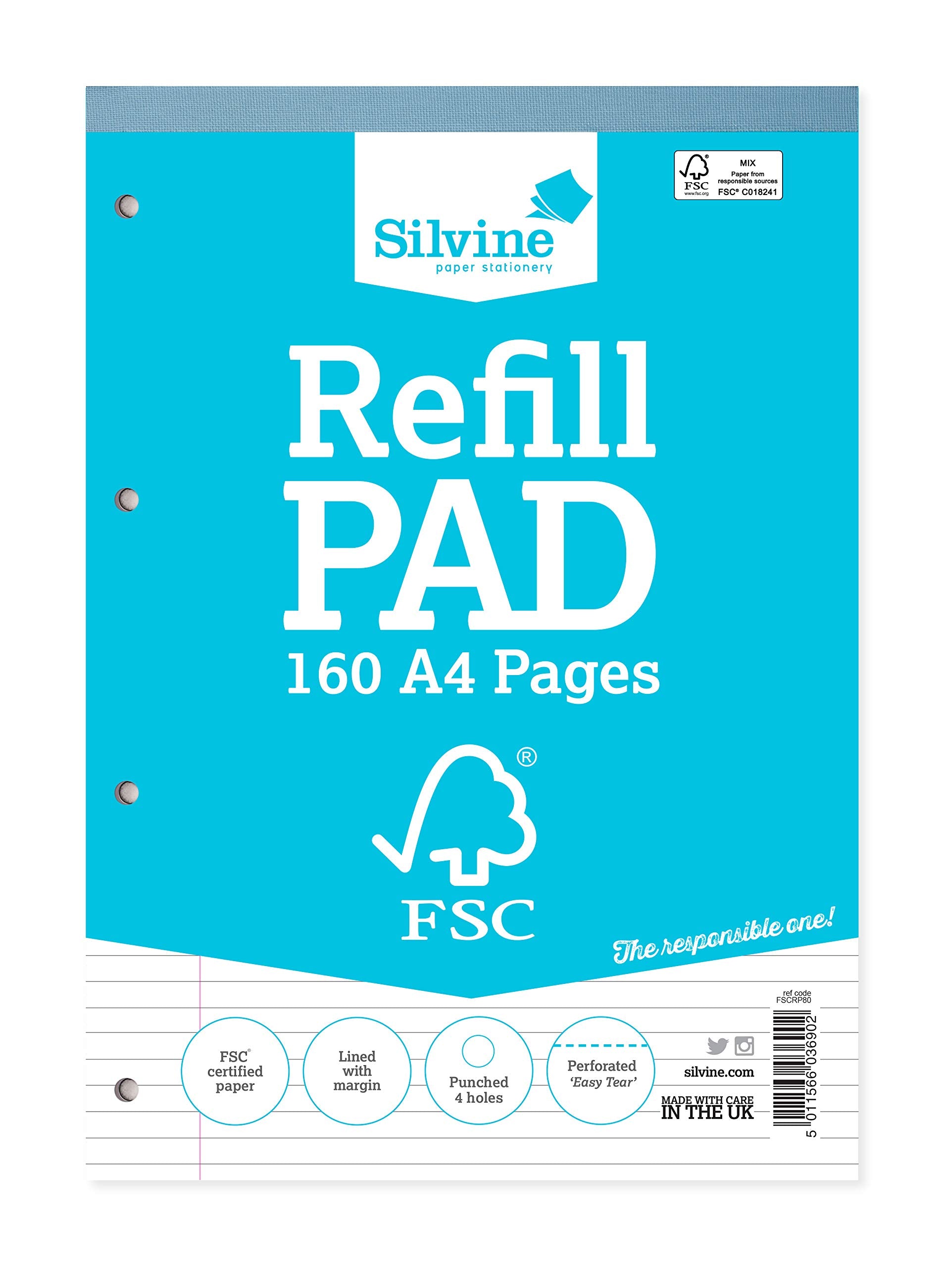 Silvine A4 Everyday FSC Refill Pad. Lined with Margin, 160 Pages of FSC Certified Paper. Ref FSCRP80