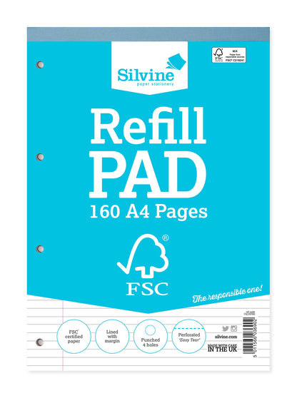 Silvine A4 Everyday FSC Refill Pad. Lined with Margin, 160 Pages of FSC Certified Paper. Ref FSCRP80