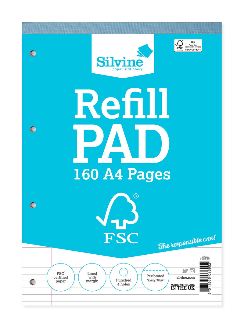 Silvine A4 Everyday FSC Refill Pad. Lined with Margin, 160 Pages of FSC Certified Paper. Ref FSCRP80