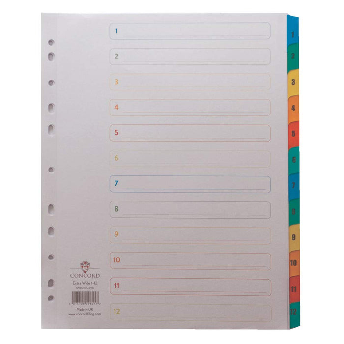 Concord Punched Pocket Index Multicolour-tabbed Europunched 1-12 Extra Wide A4 White Ref CS98