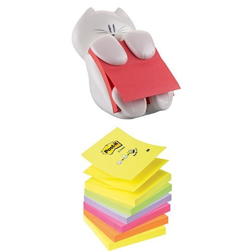Post it Notes Cat Dispenser and Super Sticky Z Note Pad, Yellow, Blue, Green, Pink, Orange (6 pads, 100 sheets per pad