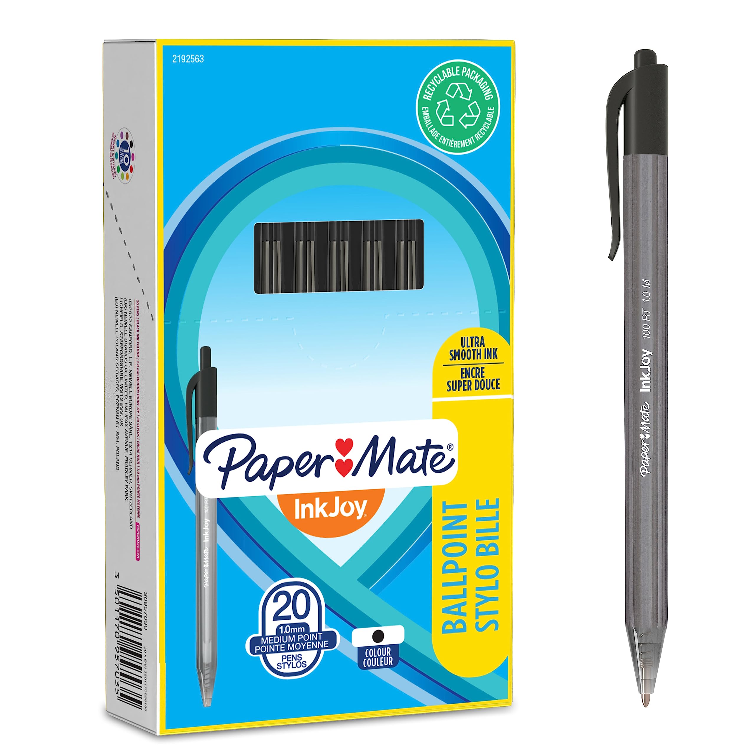 Paper Mate InkJoy 100RT Retractable Ballpoint Pens, Medium Point (1.0mm), Black, 20 Count