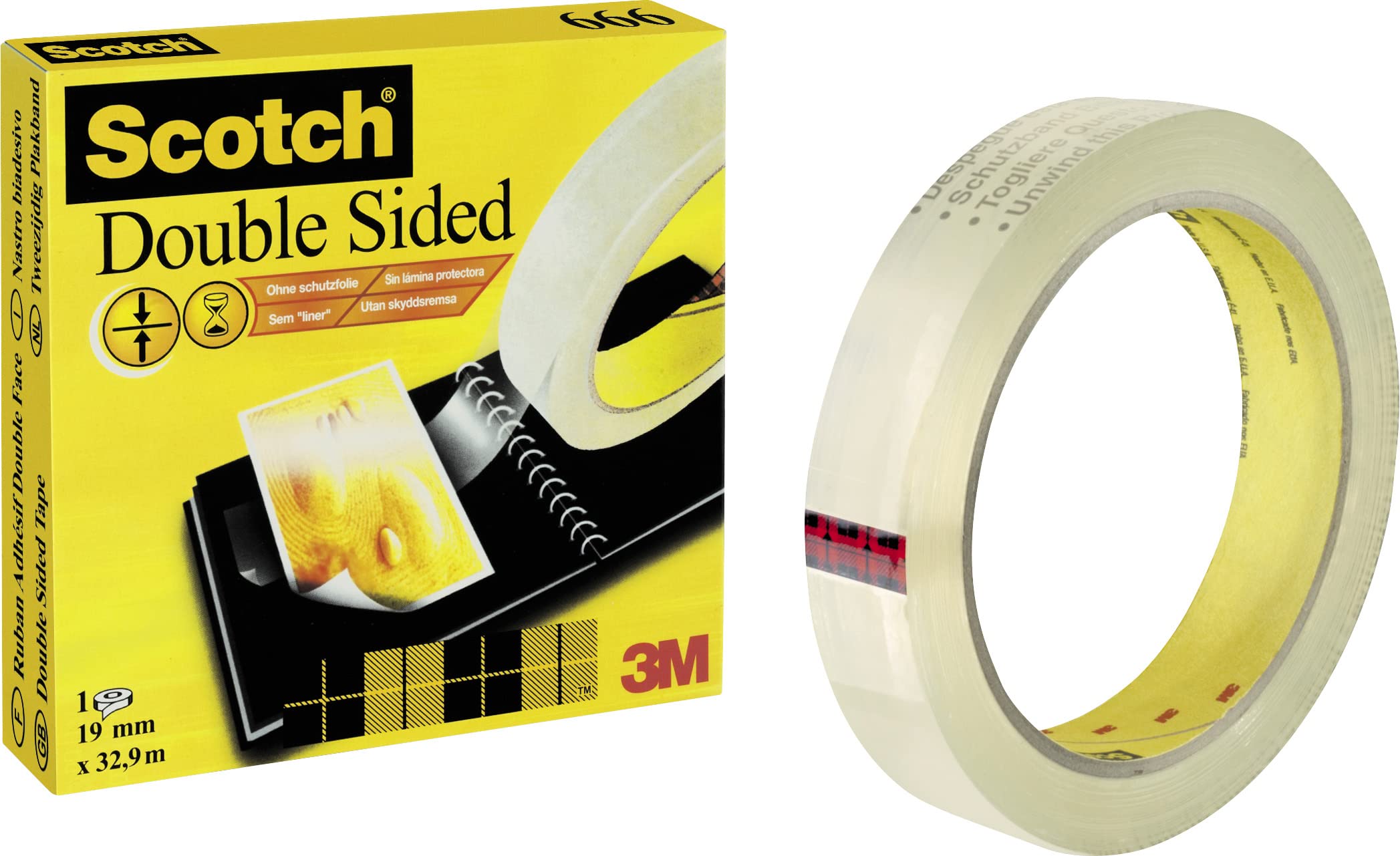 Scotch Ruban Adhésif Double-Face - 1 Rouleau, 19 mm x 33 m - Idéal pour le Bureau et l'École