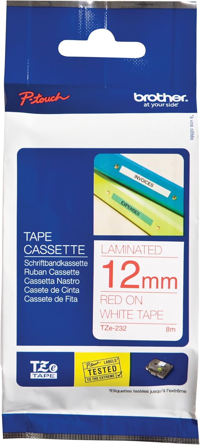 Brother TZe-232 - Standard adhesive - red on white - Roll (1.2 cm x 8 m) 1 cassette(s) laminated tape - for Brother PT-D210, D600, H110, P-Touch PT-1005, 1880, E800, H110, P-Touch Cube Plus PT-P710