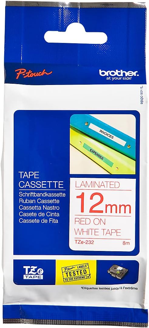 Brother TZe-232 - Standard adhesive - red on white - Roll (1.2 cm x 8 m) 1 cassette(s) laminated tape - for Brother PT-D210, D600, H110, P-Touch PT-1005, 1880, E800, H110, P-Touch Cube Plus PT-P710