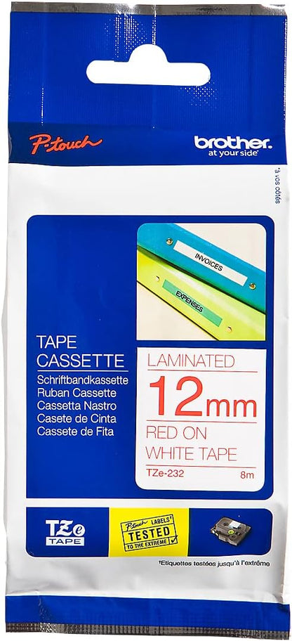 Brother TZe-232 - Standard adhesive - red on white - Roll (1.2 cm x 8 m) 1 cassette(s) laminated tape - for Brother PT-D210, D600, H110, P-Touch PT-1005, 1880, E800, H110, P-Touch Cube Plus PT-P710