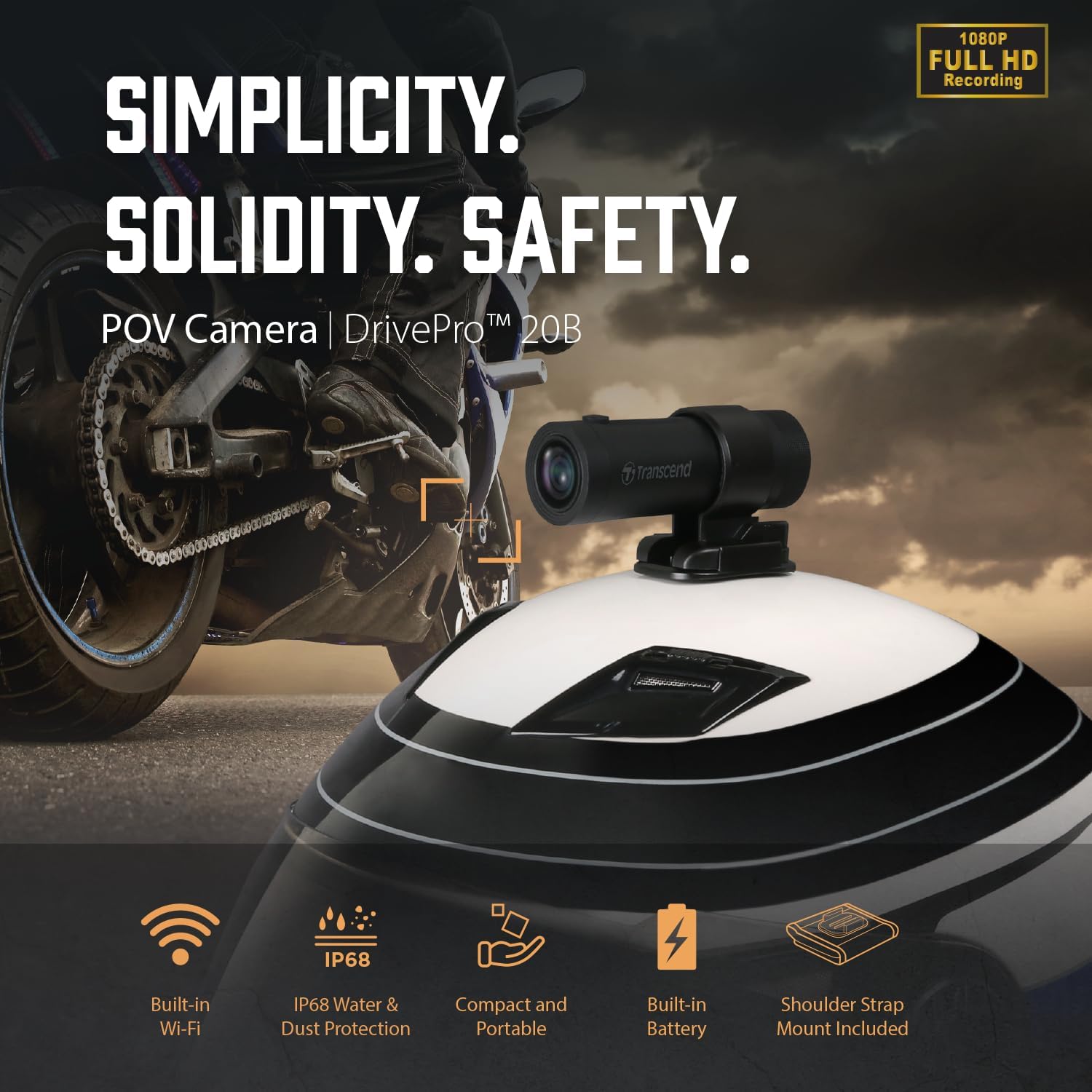 Transcend Dashcam DrivePro 20 per moto, Full HD 1080P 60/30 FPS - TS-DP20B-64G
