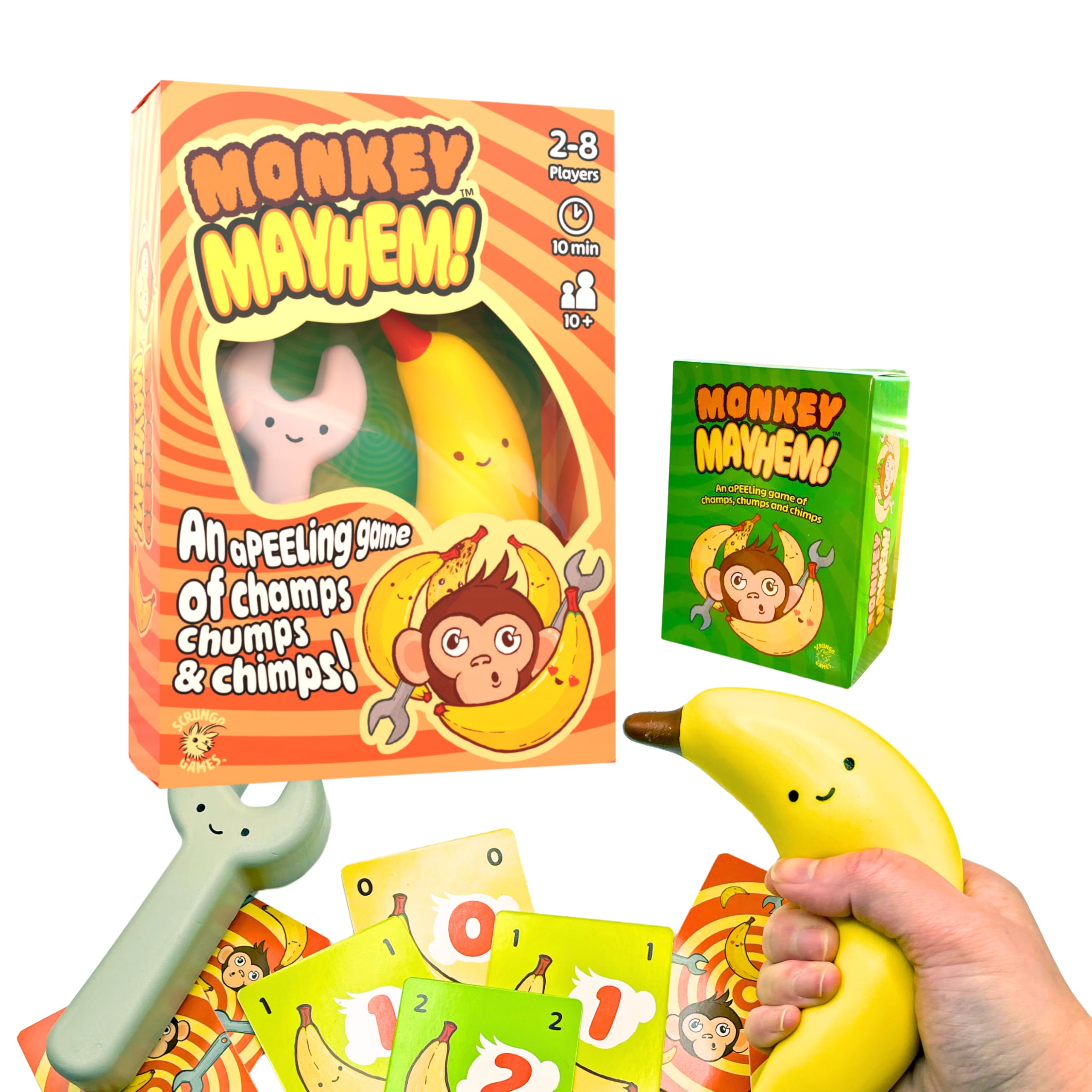 Monkey Mayhem Fun Card Game –A game of champs, chumps, and chimps!| Hilarious Strategy Game for 2-8 Players, Ages 10+ | Includes 107 Cards, Banana & Wrench