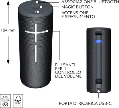 Ultimate Ears BOOM 4 Portable Waterproof Bluetooth Speaker With 360-Degree, Bold, Immersive, Crystal-Clear Sound, Floating Speaker With 15-Hour Battery and 45 m (147 ft) Range, USB-C - Black