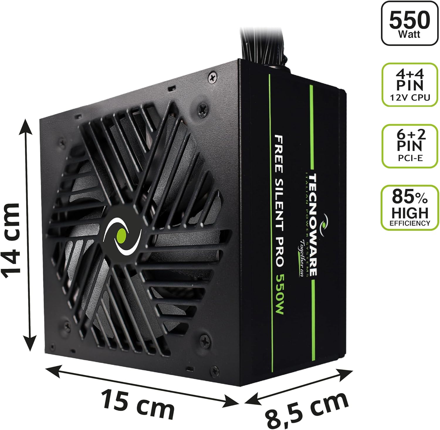 Tecnoware Power Systems Alimentatore Free Silent PRO 550 per PC Evoluti con Scheda Grafica NVIDIA GeForce GTX - RTX, Ventola Silenziosa, connettori PCI-E, CPU 4+4, SATA, Molex