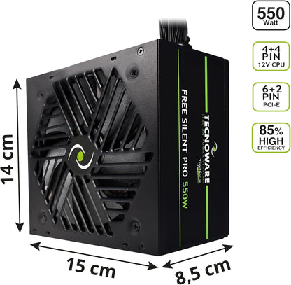 Tecnoware Power Systems Alimentatore Free Silent PRO 550 per PC Evoluti con Scheda Grafica NVIDIA GeForce GTX - RTX, Ventola Silenziosa, connettori PCI-E, CPU 4+4, SATA, Molex