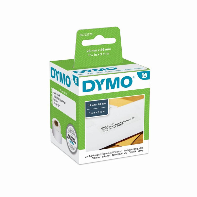 DYMO Authentic LabelWriter Address Labels | 28 mm x 89 mm | Self-Adhesive | Roll of 130 | 2 Pack (260 Easy-Peel Labels) |for LabelWriter Label Makers | Made in Europe