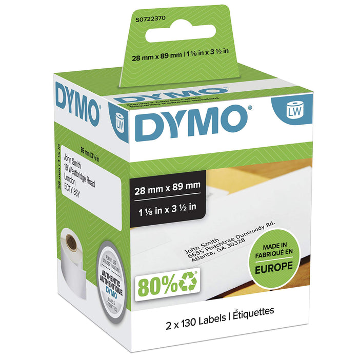 Dymo 28 mm x 89 mm LW Address Labels, 2 Roll of 130 Easy-Peel Labels, Self-Adhesive, for LabelWriter Label Makers, Authentic - Black on White Black on White Standard address label 2 rolls of 130