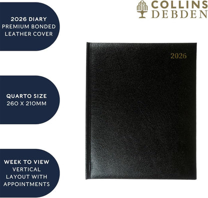 Collins - Management - Quarto 2026 12 Month Calendar Year Planner, Week-To-View with Appointments Diary - Black (QB7.99-25