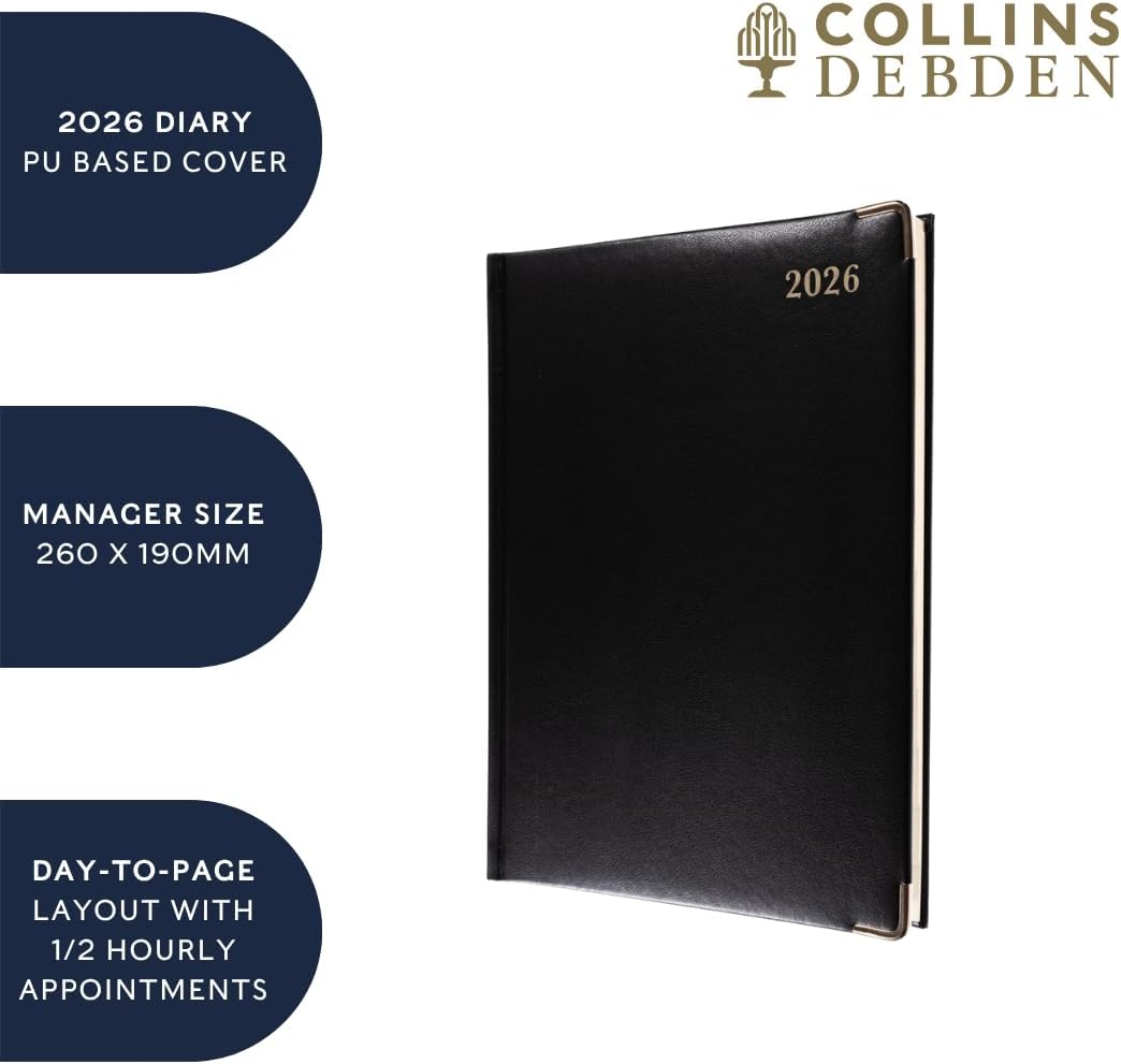 Collins - Classic - Manager 2026 12 Month Calendar Year Planner, Day-To-Page with Appointments Diary - Black (1200V.99-26