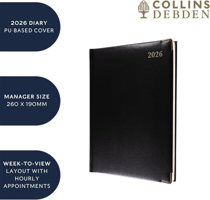 Collins - Classic - Manager 2026 12 Month Calendar Year Planner, Week-To-View with Appointments Diary - Black (1210V.99-26