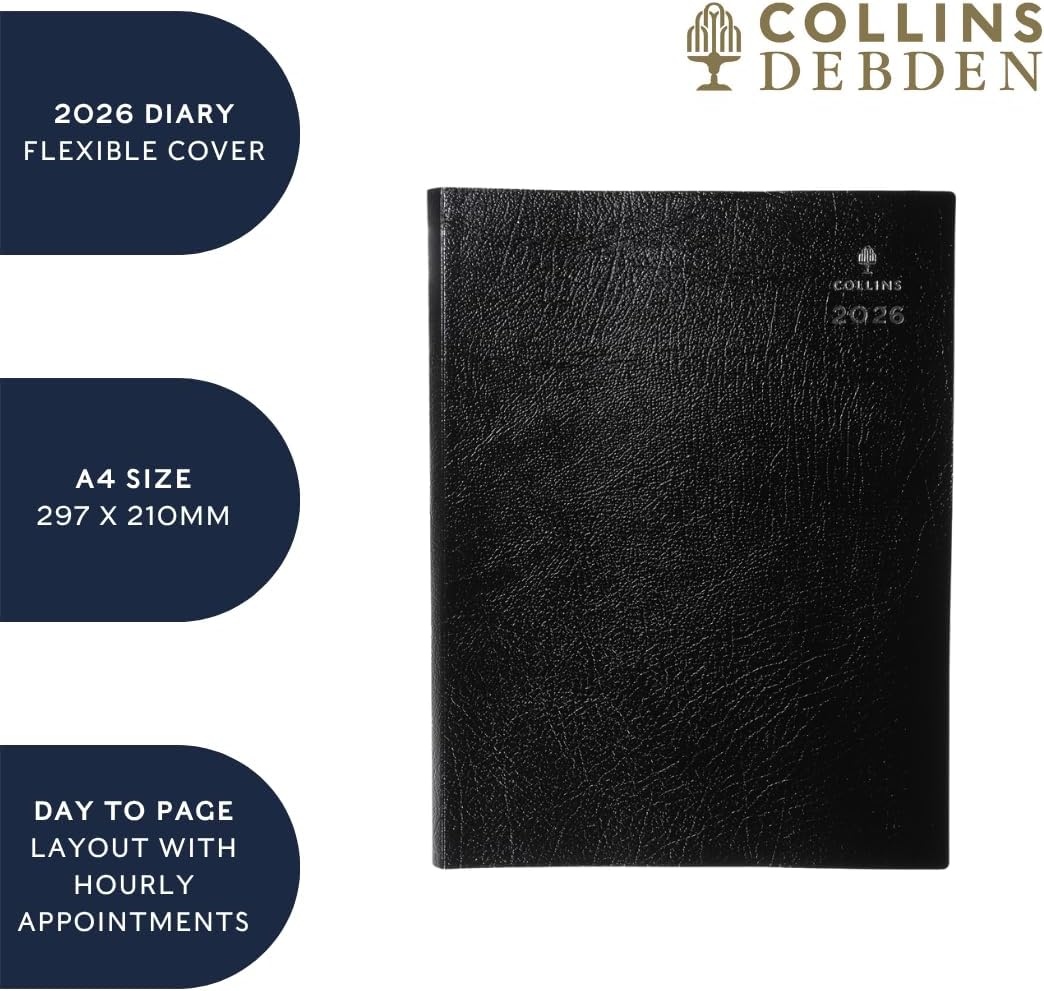 Collins - Leadership - 2026 12 Month Calendar Year Planner, Day-To-Page with Hourly Appointments Diary, A4 - Black (CP6743.99-26