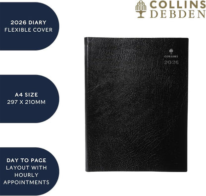 Collins - Leadership - 2026 12 Month Calendar Year Planner, Day-To-Page with Hourly Appointments Diary, A4 - Black (CP6743.99-26