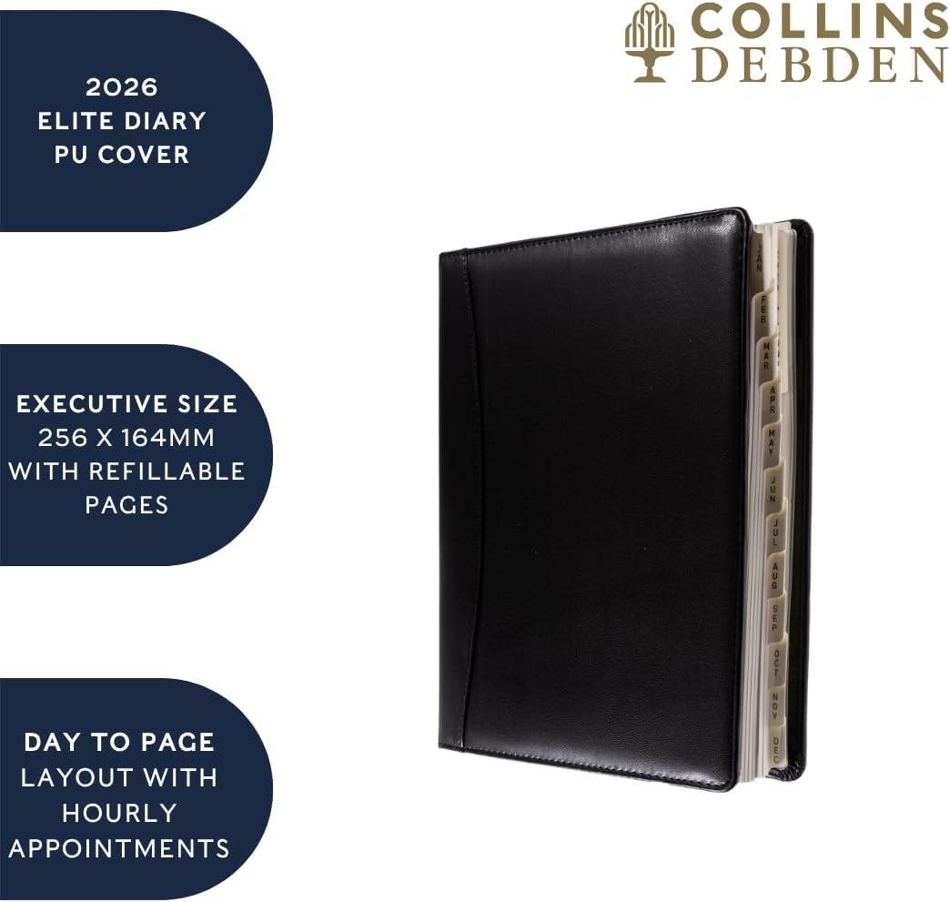 Collins - Elite - Executive 2026 12 Month Calendar Year Planner, Day-To-Page with Appointments Diary - Black (1100V.99-26