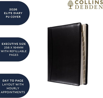 Collins - Elite - Executive 2026 12 Month Calendar Year Planner, Day-To-Page with Appointments Diary - Black (1100V.99-26
