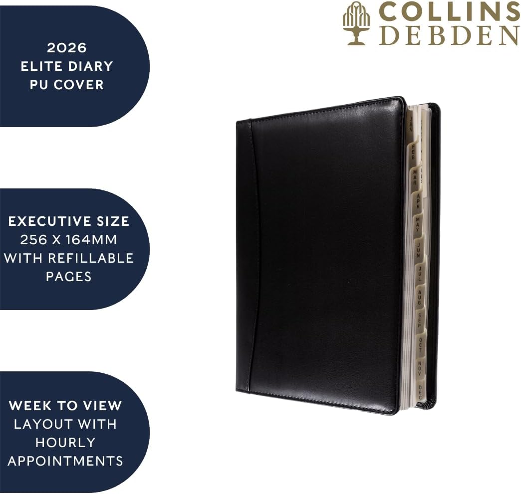 Collins - Elite - Executive 2026 12 Month Calendar Year Planner, Week-To-View with Appointments Diary - Black (1130V.99-26
