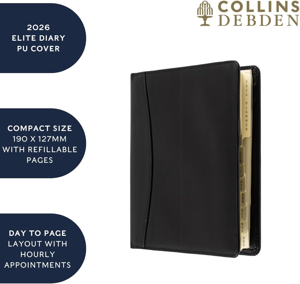 Collins - Elite - Compact 2026 12 Month Calendar Year Planner, Day-To-Page with Appointments Diary - Black (1140V.99-26