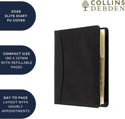 Collins - Elite - Compact 2026 12 Month Calendar Year Planner, Day-To-Page with Appointments Diary - Black (1140V.99-26