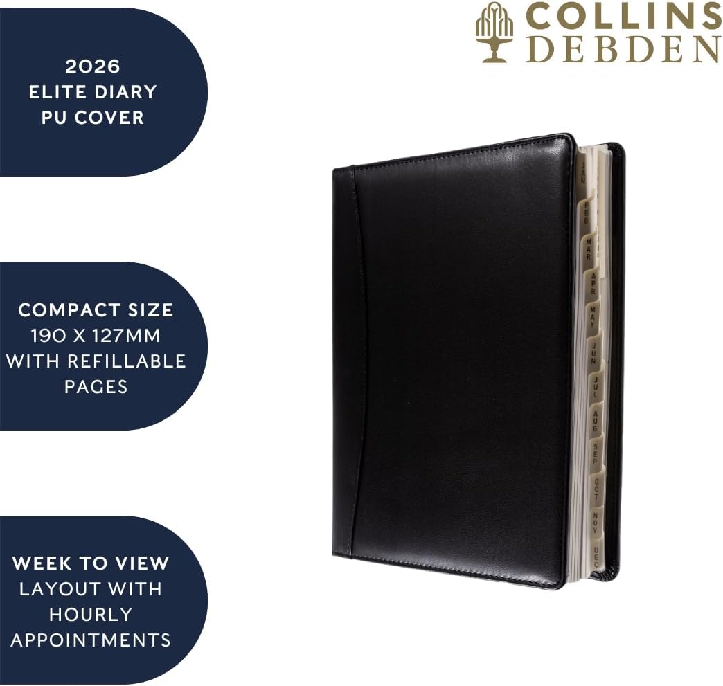 Collins - Elite - Compact 2026 12 Month Calendar Year Planner, Week-To-View with Appointments Diary - Black (1150V.99-26