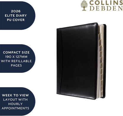 Collins - Elite - Compact 2026 12 Month Calendar Year Planner, Week-To-View with Appointments Diary - Black (1150V.99-26